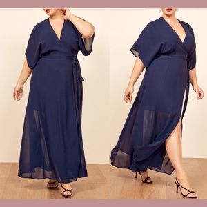 NEW Reformation [PLUS 2X ] Winslow Wrap Maxi Dress Gown in Navy Blue